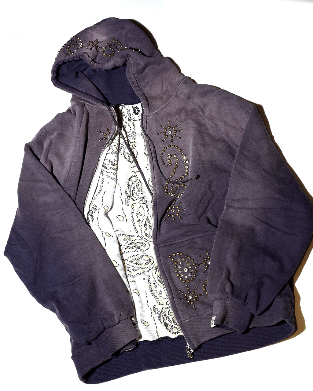 Double Face Paisley Zip Stud Hoodie