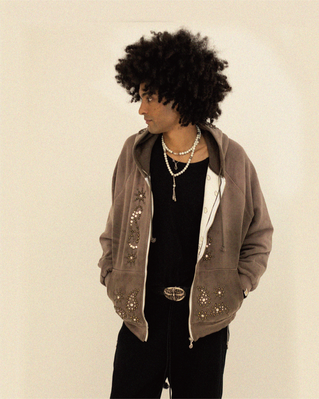 Double Face Paisley Zip Stud Hoodie